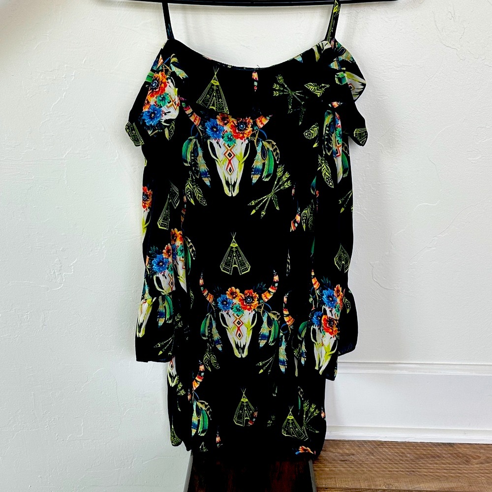 Western Print Off-Shoulder Blouse - Black -Small
